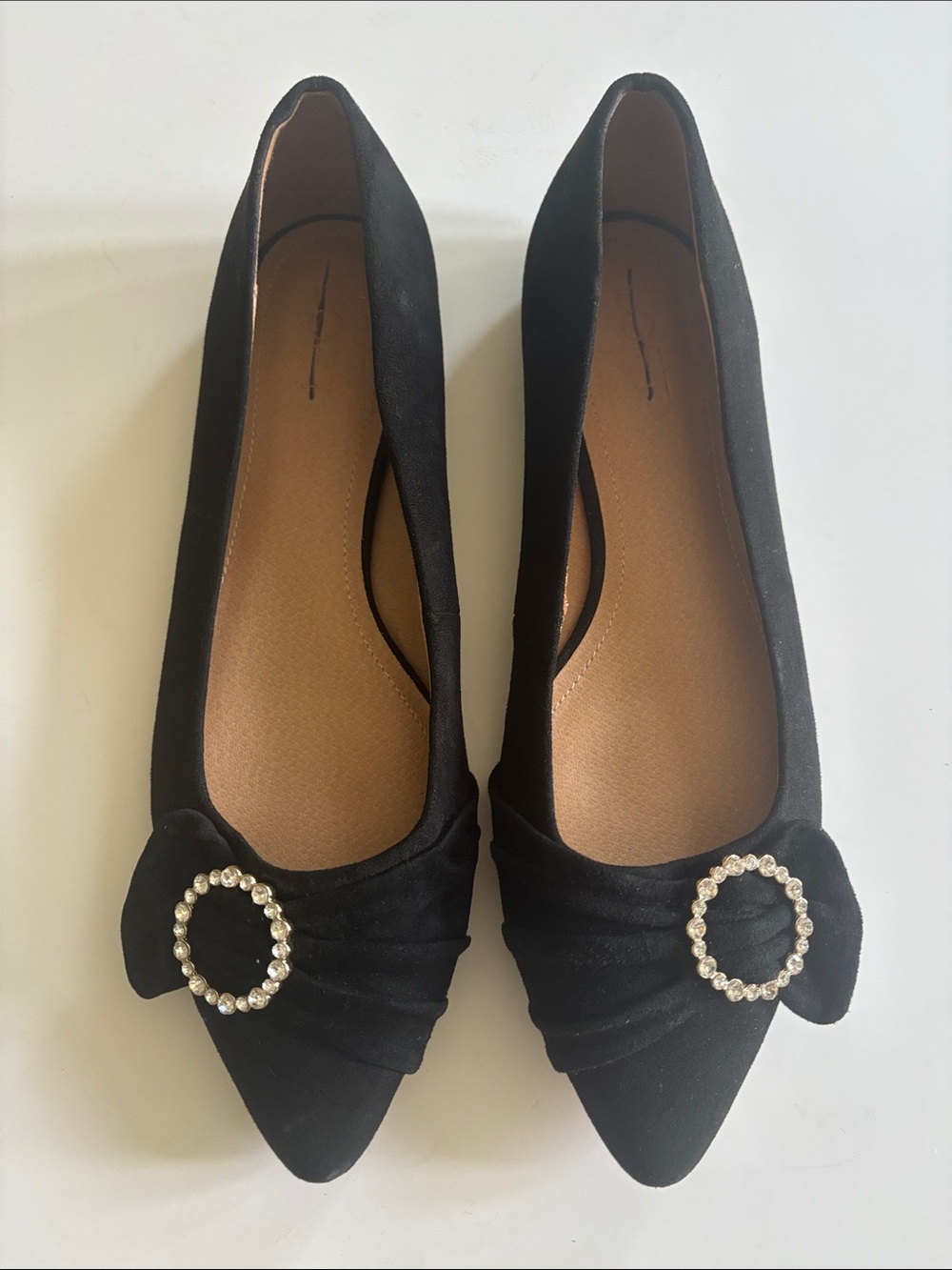 LOFT Black Pointed-Toe Flats with Crystal Circle Accent